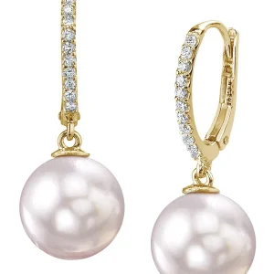 Japanese Akoya Certified Hanadama Pearl & Diamond Huggie Aurora Leverback Earrrings