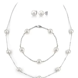 14K Gold Japanese Akoya Pearl Tincup Necklace, Bracelet, Earrings Set
