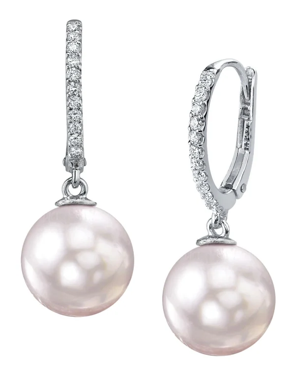 Japanese Akoya Certified Hanadama Pearl & Diamond Huggie Aurora Leverback Earrrings