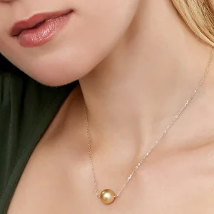 Golden Round Solitaire 14K Pearl Necklace