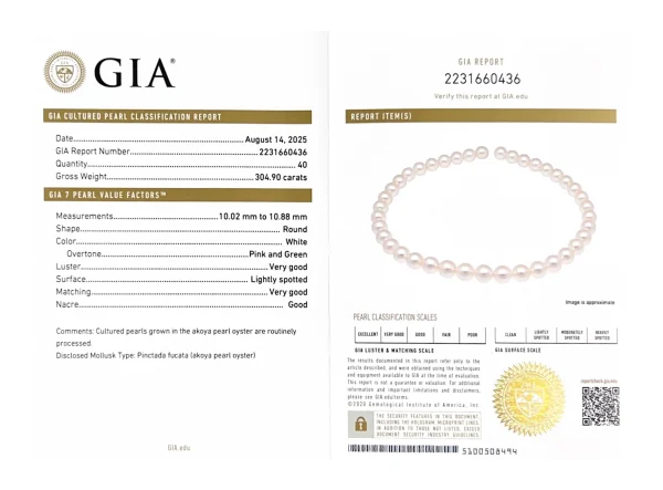 10.0-10.88mm Japanese Akoya White Pearl Necklace - GIA Certified