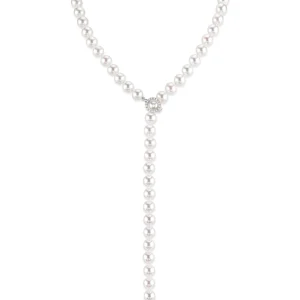 8.0-8.5mm White Freshwater Pearl & Diamond Adjustable lariat Y-Shape 51 Inch Necklace- AAAA Quality