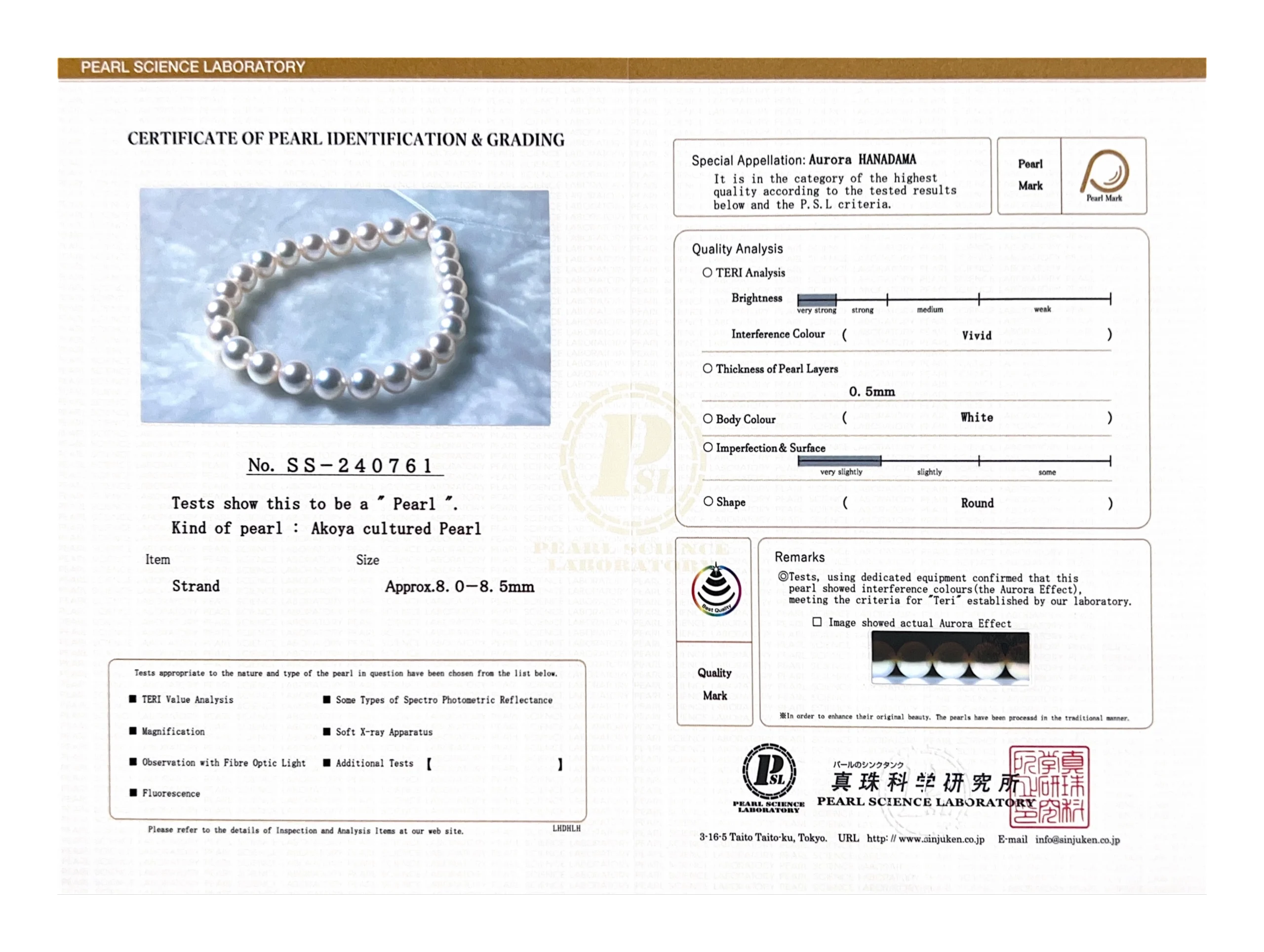 8.0-8.5mm Hanadama Akoya White Pearl Bracelet