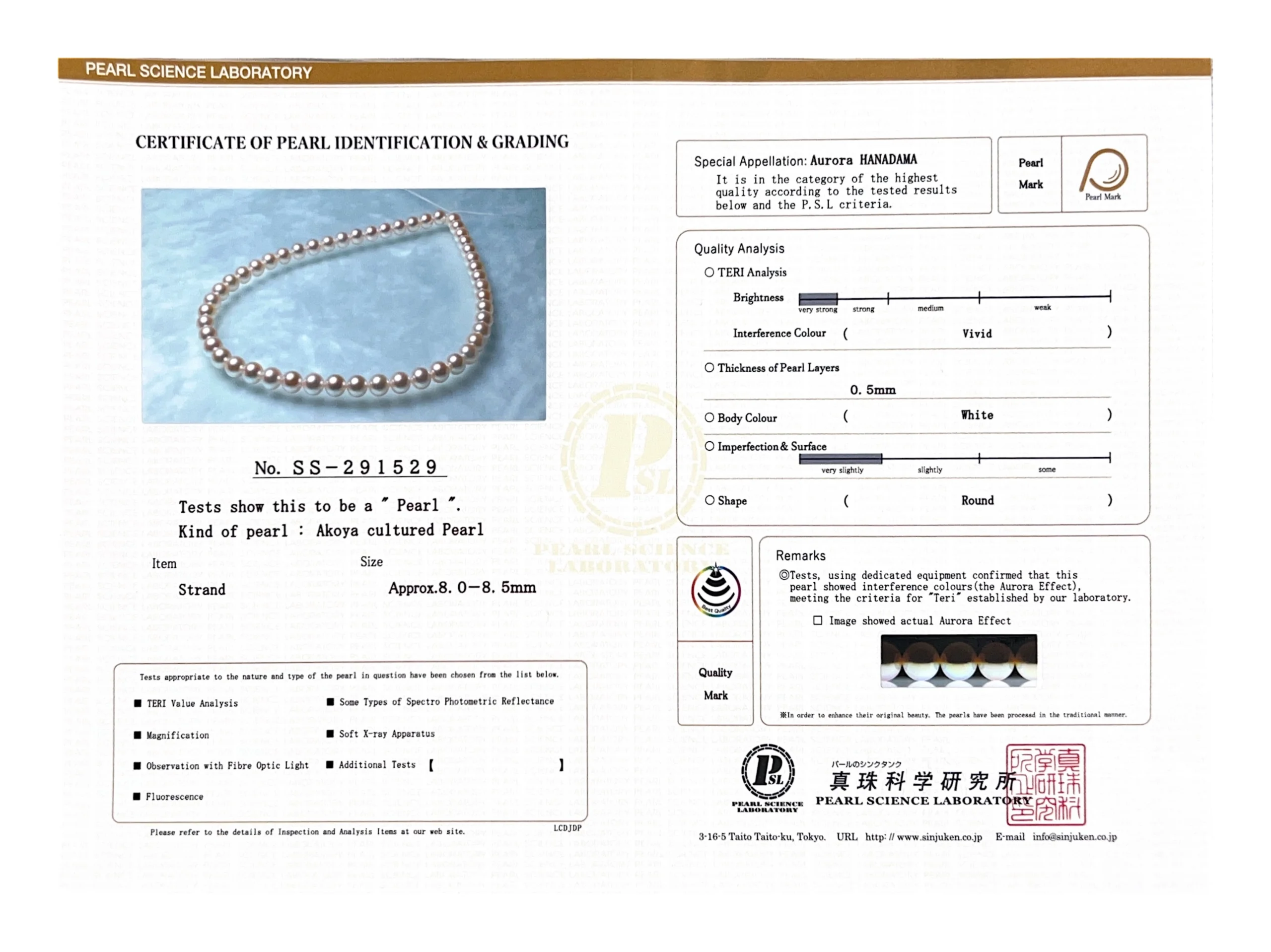 8.0-8.5mm Hanadama Akoya White Pearl Necklace