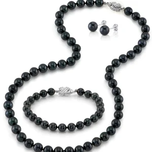 7.5-8.0mm Black Freshwater Pearl Necklace, Bracelet, Earrings Set