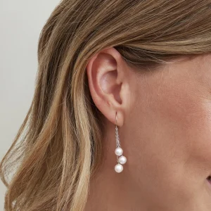 14K Gold White Akoya Pearl Dangle Cluster Earrings