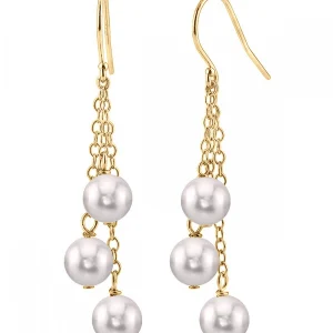 14K Gold White Akoya Pearl Dangle Cluster Earrings