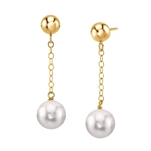 14K Gold Akoya Round Ball Double Chain Earrings