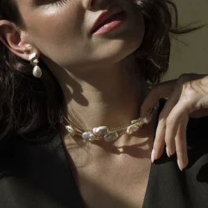 14K Gold White Baroque Freshwater Pearl Beaded Bangle Mira Necklace