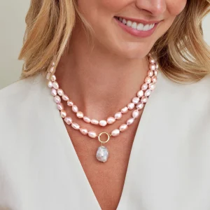 9.5-10.5mm Oval Pink Freshwater Pearl Double Strand Necklace