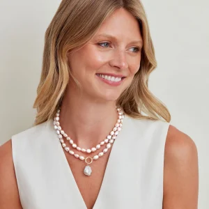 9.5-10.5mm Oval Pink Freshwater Pearl Double Strand Necklace