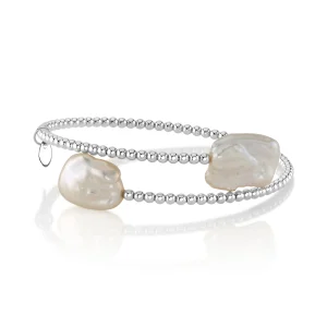 14K Gold White Baroque Freshwater Pearl Beaded Bangle Mira Bracelet