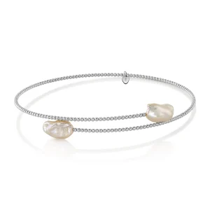 14K Gold White Baroque Freshwater Pearl Beaded Bangle Mira Necklace