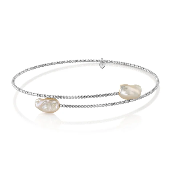 14K Gold White Baroque Freshwater Pearl Beaded Bangle Mira Necklace
