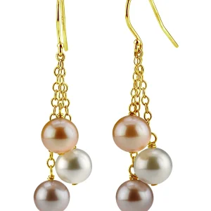 14K Gold Freshwater Multicolor Pearl Dangling Cluster Earrings