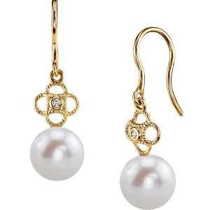 14K Gold Freshwater Pearl & Diamond Lacy Earrings