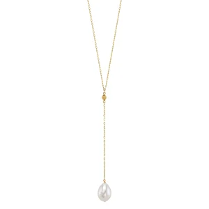 14K Gold Freshwater Pearl Tincup Lariat Necklace Pendant
