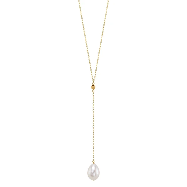 14K Gold Freshwater Pearl Tincup Lariat Necklace Pendant