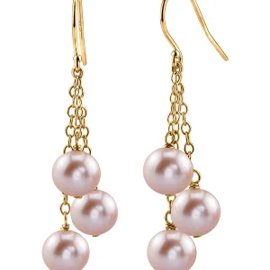 14K Gold Pink Freshwater Pearl Dangling Cluster Earrings
