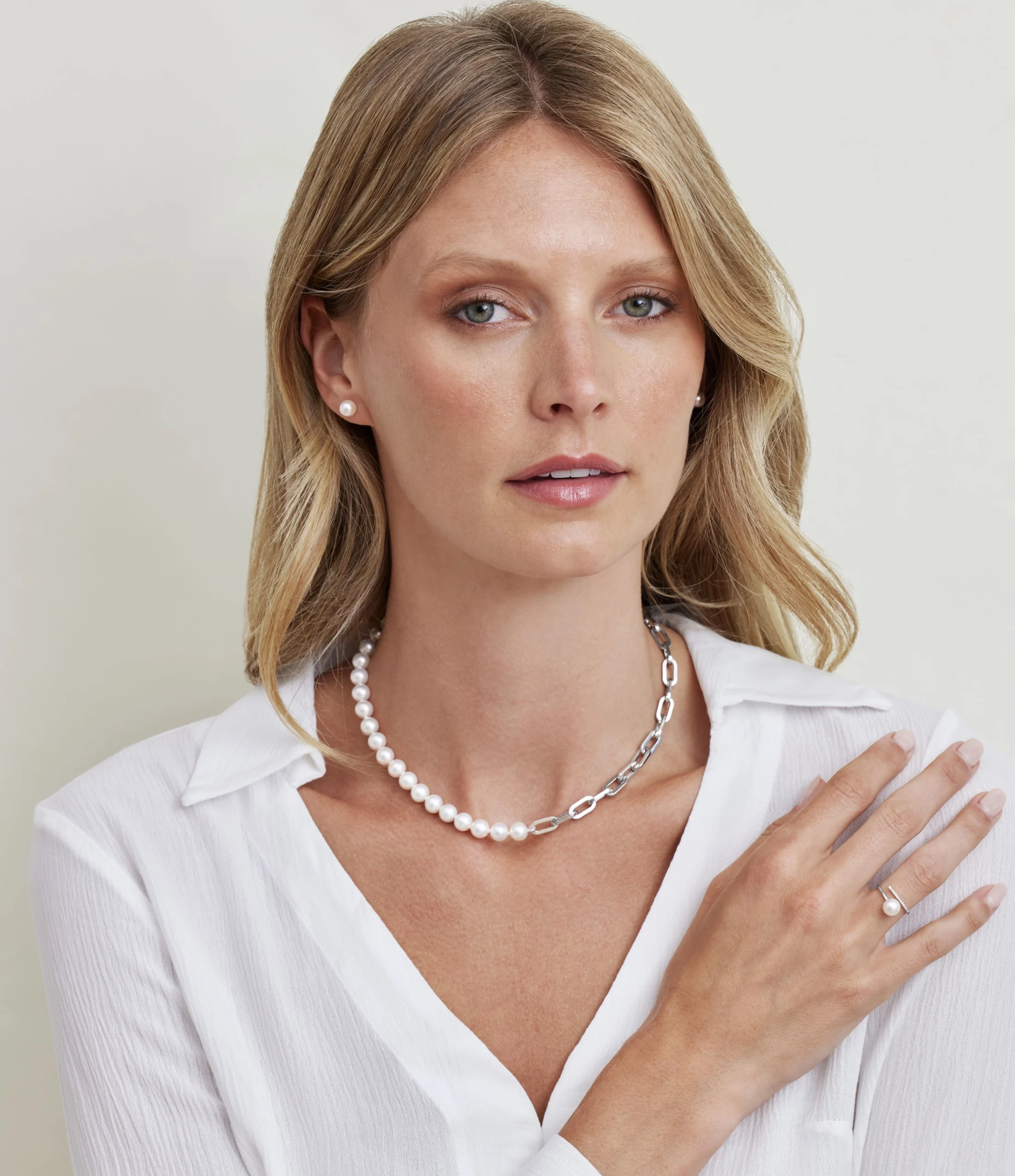 7mm White Freshwater Scarlett Pearl & Chain Necklace, Bracelet Set