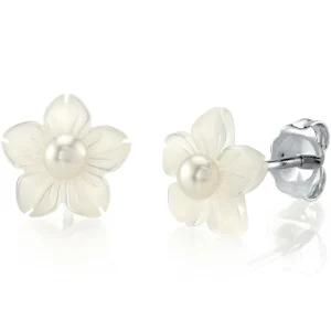 White Mother of Pearl Flower Blossom Stud Earrings