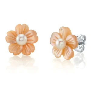 White Freshwater Button-Shape Cultured Pearl on Mother of Pearl Flower Lotus Earrings