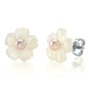 Pink Freshwater Button-Shape Cultured Pearl on Mother of Pearl Flower Lotus Earrings