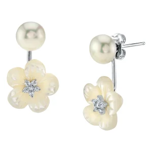 White Freshwater Pearl Removable Mother of Pearl Orchid Flower Earrings