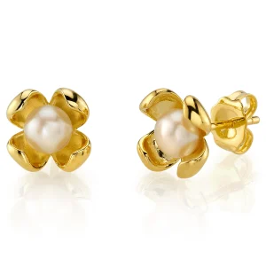 White Freshwater Pearl Flower Paris Stud Earrings