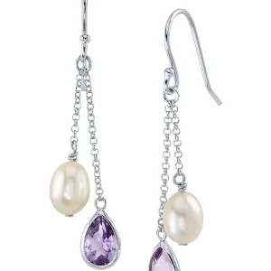 White Freshwater Drop Shape Cultured Pearl & amethyst Earrings
