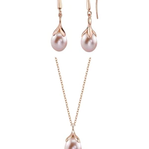 10-11mm Pink Freshwater Pearl Rose Gold Plated Olive Drop Pendant and Earrings Set