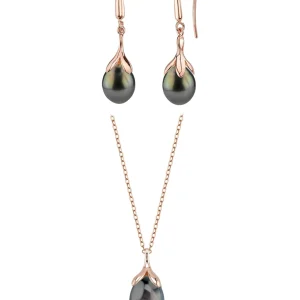 10-11mm Tahitian South Sea Pearl Rose Gold Plated Olive Pendant and Earrings Set