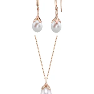 10-11mm Freshwater Pearl Rose Gold Plated Olive Drop Pendant and Earrings Set