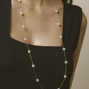 14K Gold 8.0-8.5mm Opera Japanese Akoya Pearl Tincup Necklace