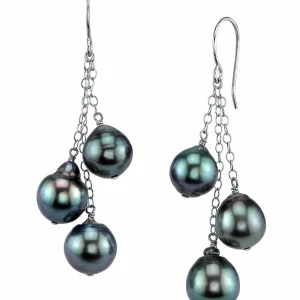 7-8mm 14K Gold Tahitian South Sea Drop Pearl Dangle Cluster Earrings