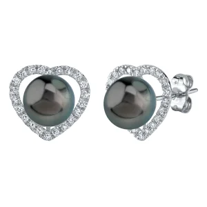Tahitian South Sea Pearl & Diamond Heart Amour Earrings