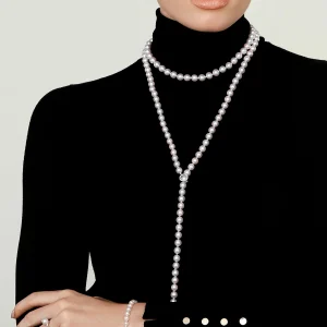 8.0-8.5mm White Freshwater Pearl & Diamond Adjustable lariat Y-Shape 51 Inch Necklace- AAAA Quality