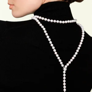8.0-8.5mm Japanese Akoya White Pearl & Diamond Lariat Y-Shape Adjustable Necklace in Opera Length